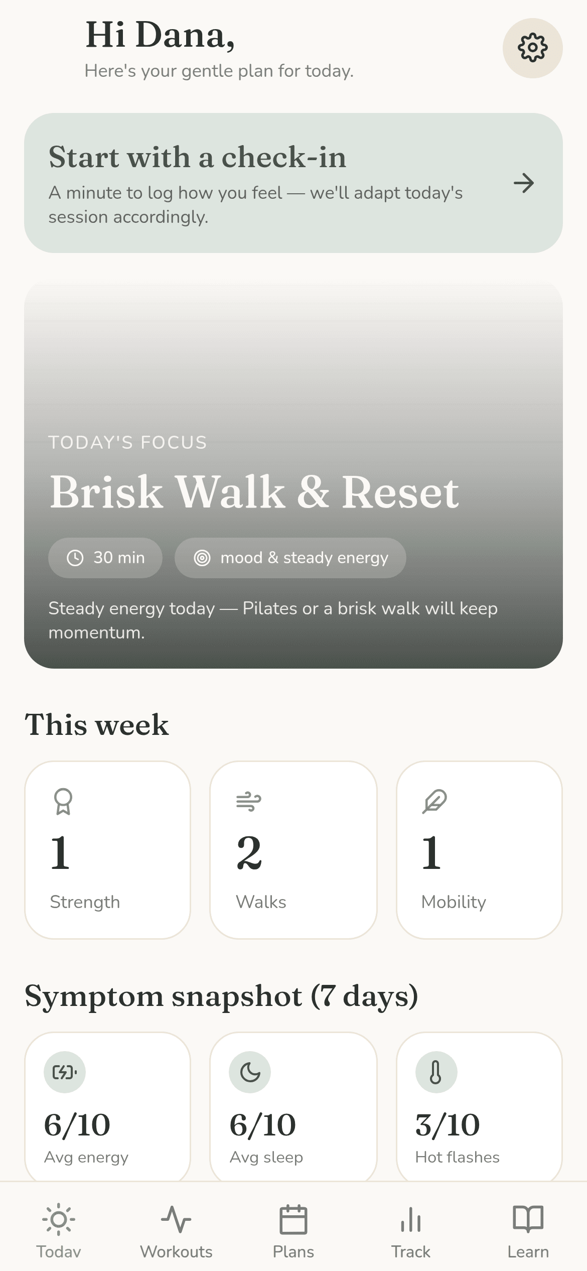 The MenoMotion app's Today screen: a prompt to start a daily check-in, a suggested workout for the day, this week's session counts, and a 7-day symptom snapshot.